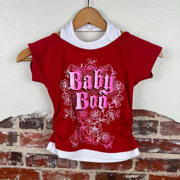Vintage Lemon Kiss Shirt Girls Large Red Short Sleeve Halter Baby Tee Cute Y2K - Picture 1 of 5